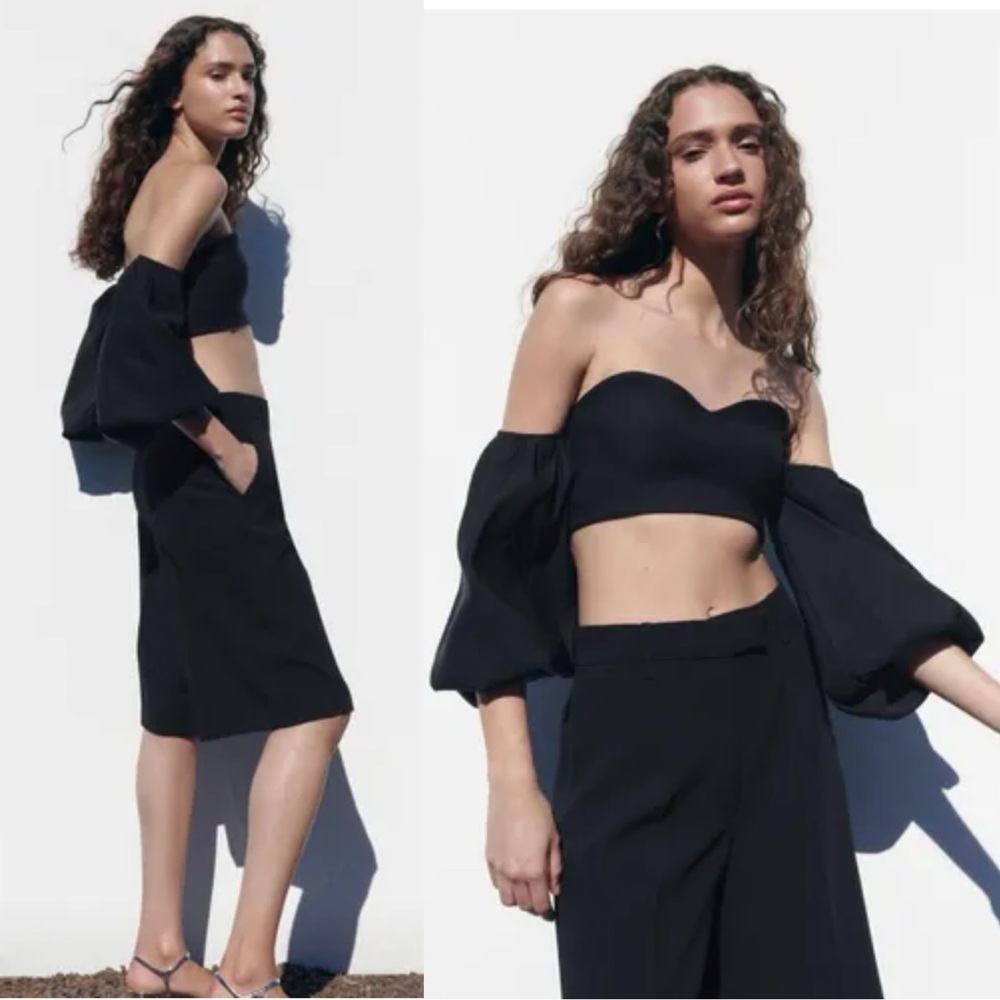 NWT Zara Black Balloon Sleeve Crop Top Puff Sleeve Party Blouse Sz M